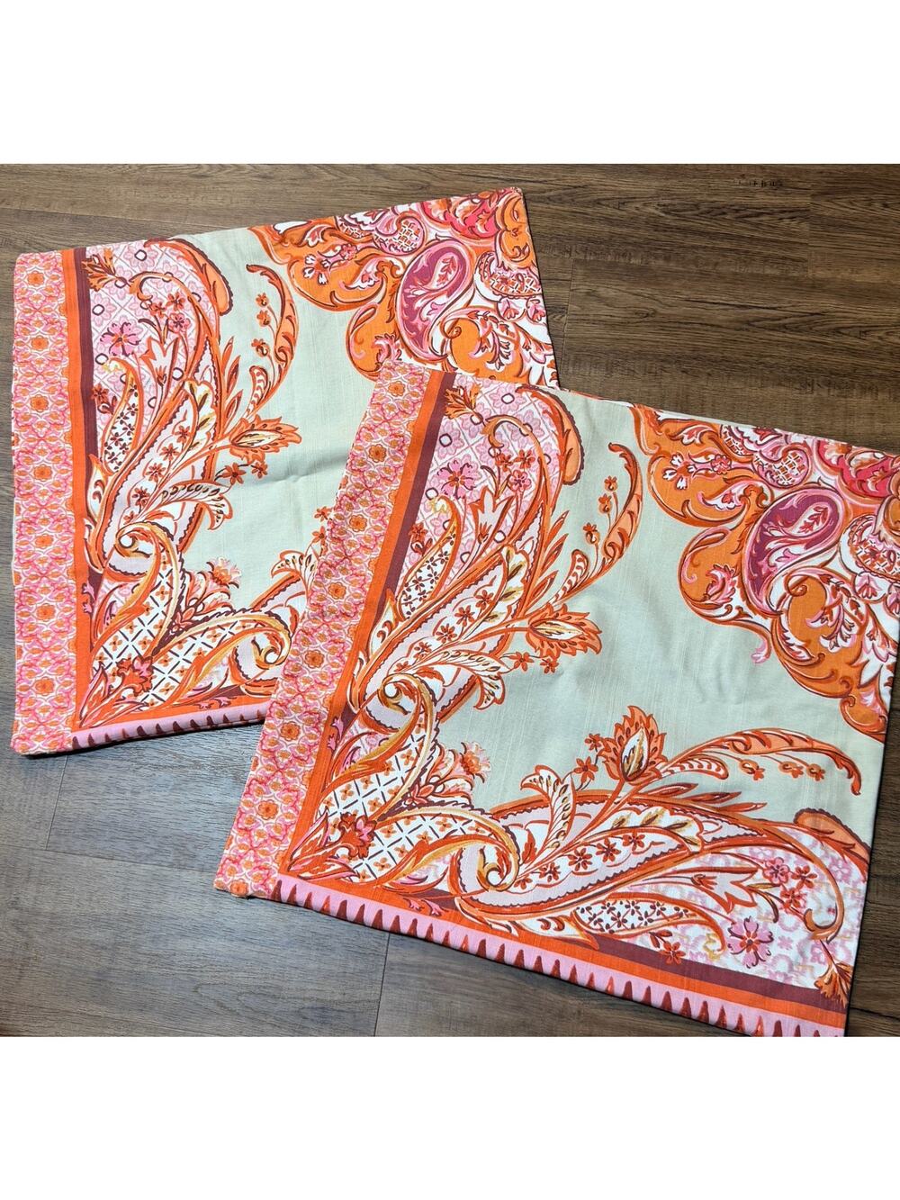 2 Pottery Barn Olympia Paisley Linen Square Pillow Cover 24" Pink Coral Boho